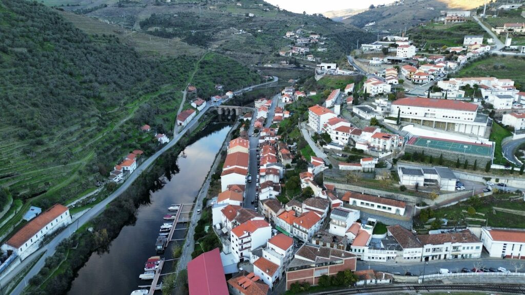 Huizen van Pinhão tussen de heuvels aan de Douro